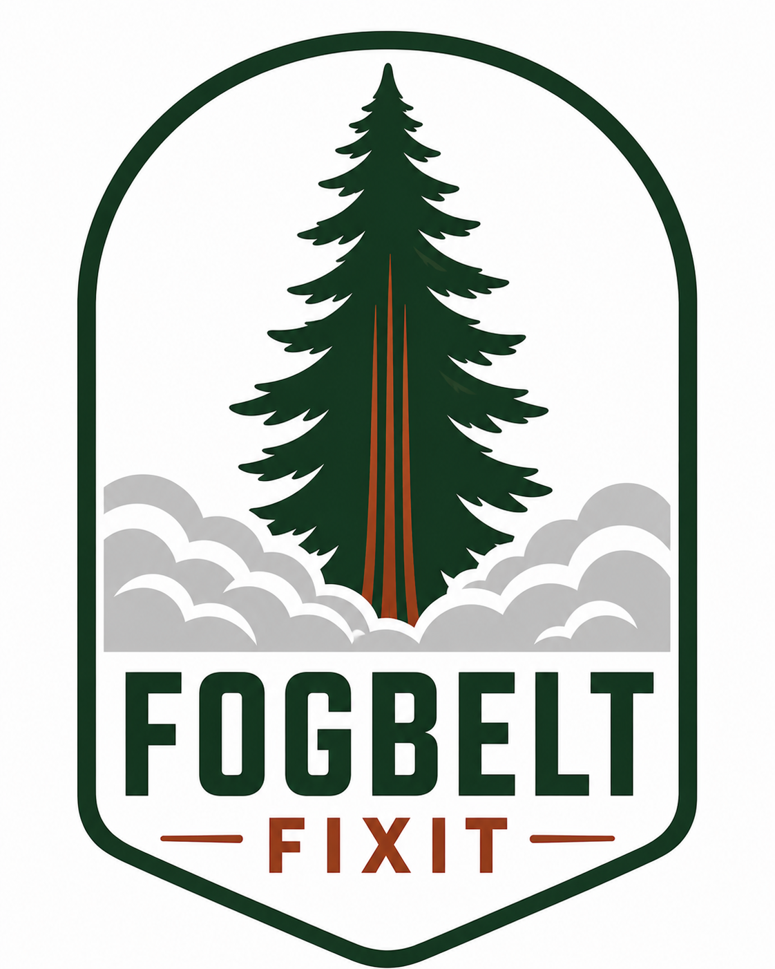 A redwood tree emerges from the fog with the words Fogbelt Fixit below the fog.